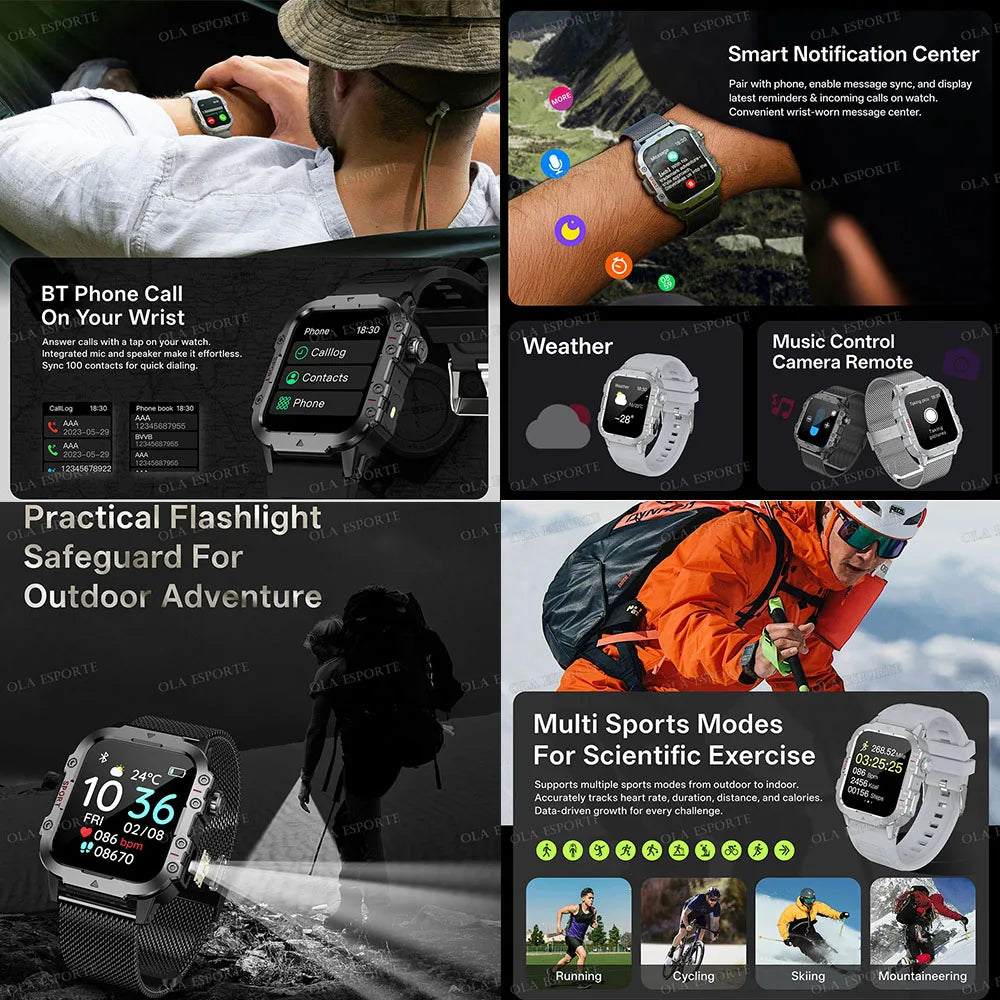 2025 New Flashlight Military Smart Watch Men IP68 5ATM Outdoor Sports Fitness Tracker Health Monitor 1.44Inch BT Call Smartwatch