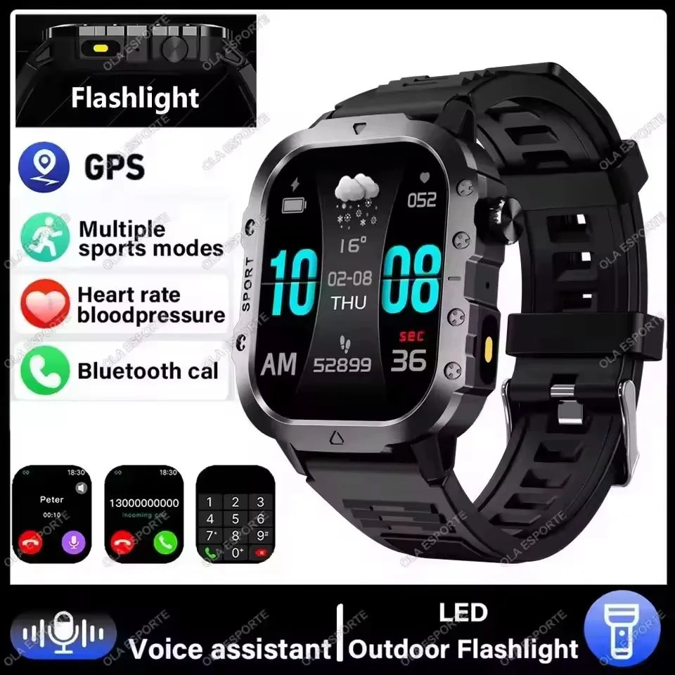 2026 New Military Smart Watch Men 3ATM Outdoor Sports Fitness Tracker Blood Pressure Health Monitoring BT Call GPS Smartwatch
