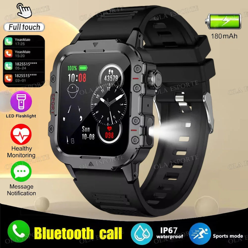2025 New Flashlight Military Smart Watch Men IP68 5ATM Outdoor Sports Fitness Tracker Health Monitor 1.44Inch BT Call Smartwatch
