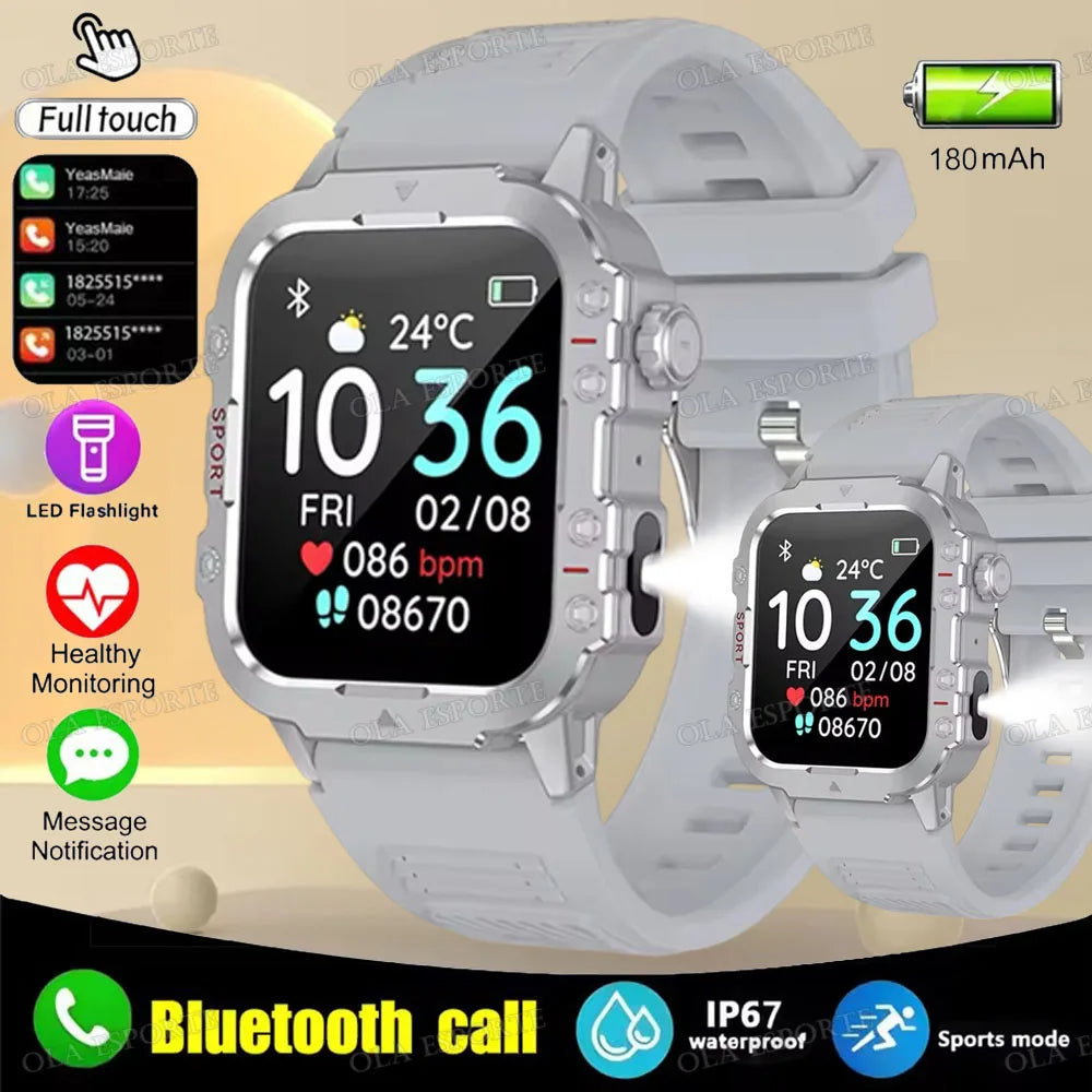 2025 New Flashlight Military Smart Watch Men IP68 5ATM Outdoor Sports Fitness Tracker Health Monitor 1.44Inch BT Call Smartwatch