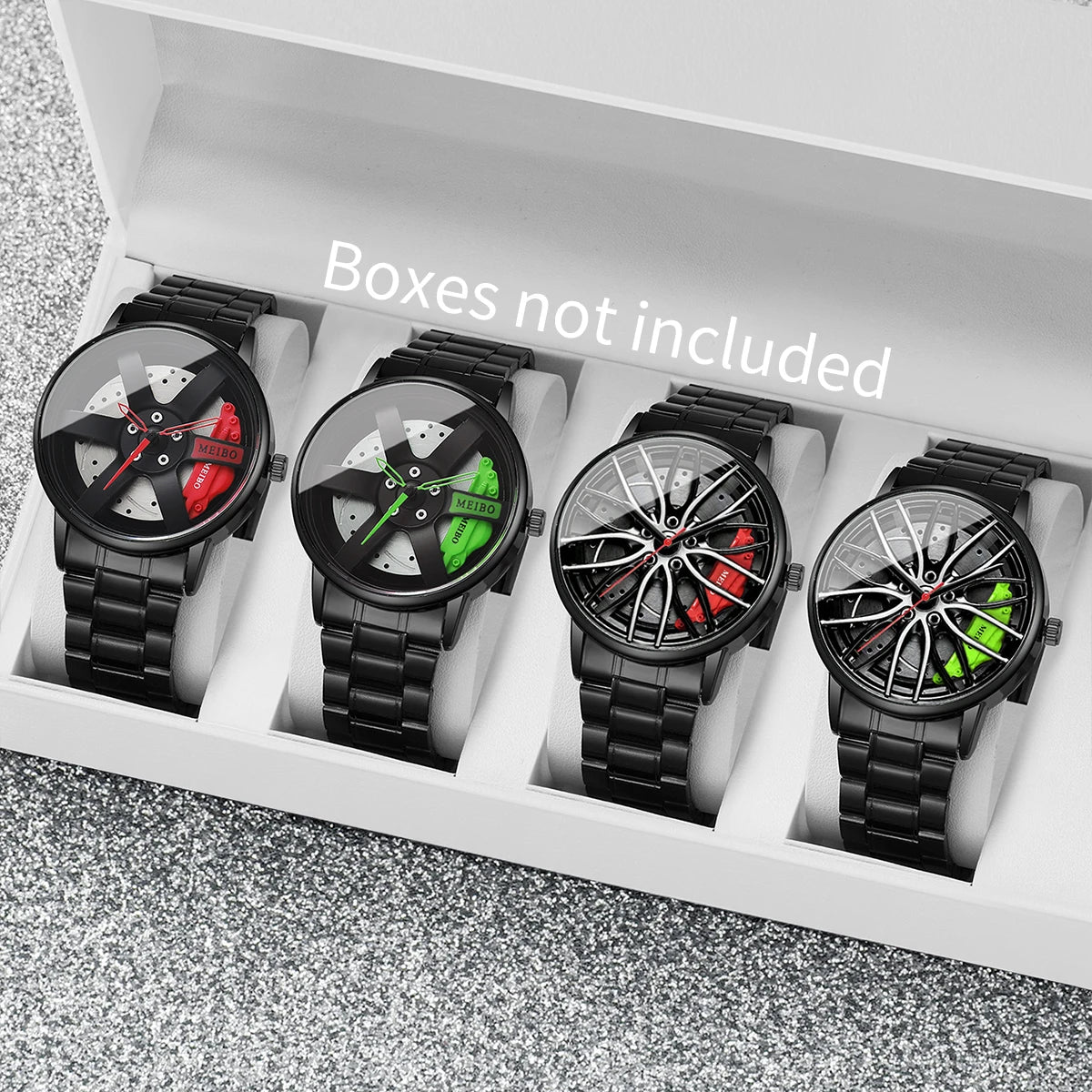 4 Pcs Fashion Men's Sports Watches 3d Car Wheel Stainless Steel Band Men's Wrist Watch Quartz Watch Set Homo Watch (Without Box)