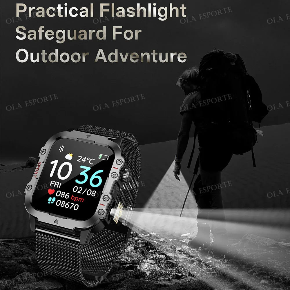 2025 New Flashlight Military Smart Watch Men IP68 5ATM Outdoor Sports Fitness Tracker Health Monitor 1.44Inch BT Call Smartwatch