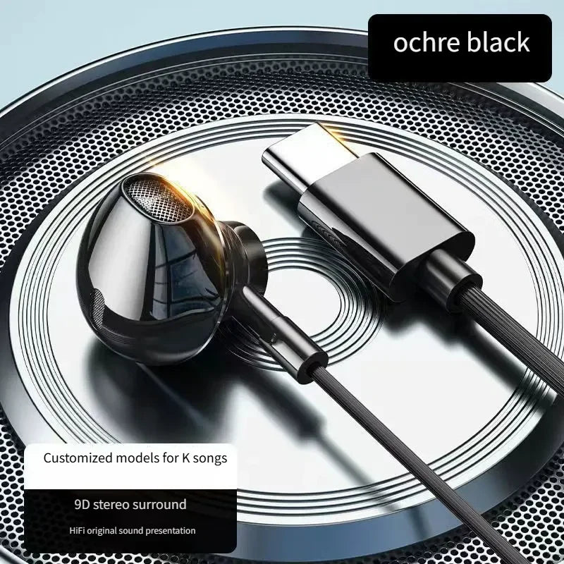 USB Type C Headphone HiFi Bass Stereo Volume Control Mic 3.5mm Wired Earbuds For Galaxy S24 S23 S22 S21 Ultra iPhone 15 Pro Max