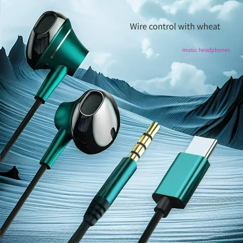 USB Type C Headphone HiFi Bass Stereo Volume Control Mic 3.5mm Wired Earbuds For Galaxy S24 S23 S22 S21 Ultra iPhone 15 Pro Max