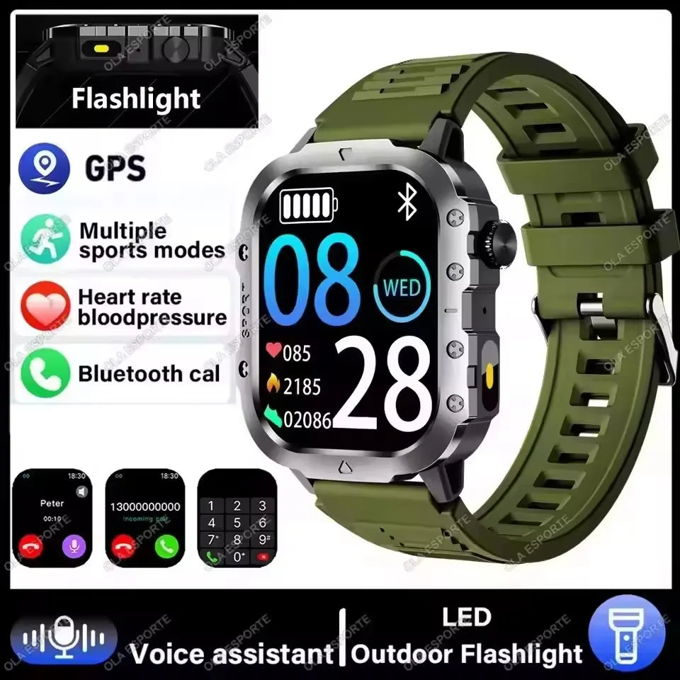 2026 New Military Smart Watch Men 3ATM Outdoor Sports Fitness Tracker Blood Pressure Health Monitoring BT Call GPS Smartwatch