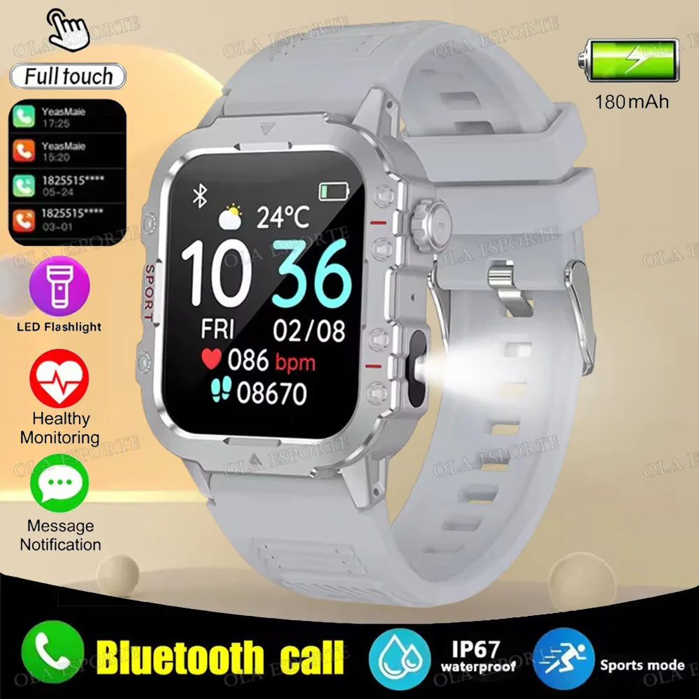 2025 New Flashlight Military Smart Watch Men IP68 5ATM Outdoor Sports Fitness Tracker Health Monitor 1.44Inch BT Call Smartwatch