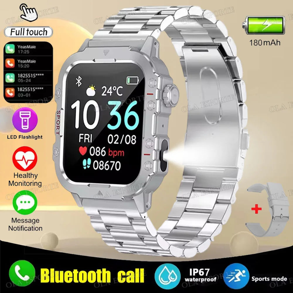 2025 New Flashlight Military Smart Watch Men IP68 5ATM Outdoor Sports Fitness Tracker Health Monitor 1.44Inch BT Call Smartwatch