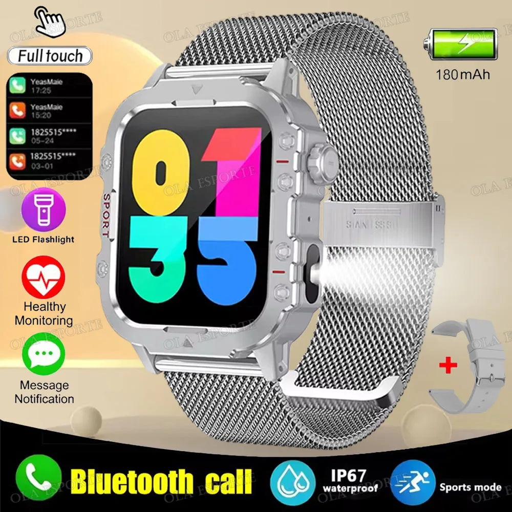 2025 New Flashlight Military Smart Watch Men IP68 5ATM Outdoor Sports Fitness Tracker Health Monitor 1.44Inch BT Call Smartwatch