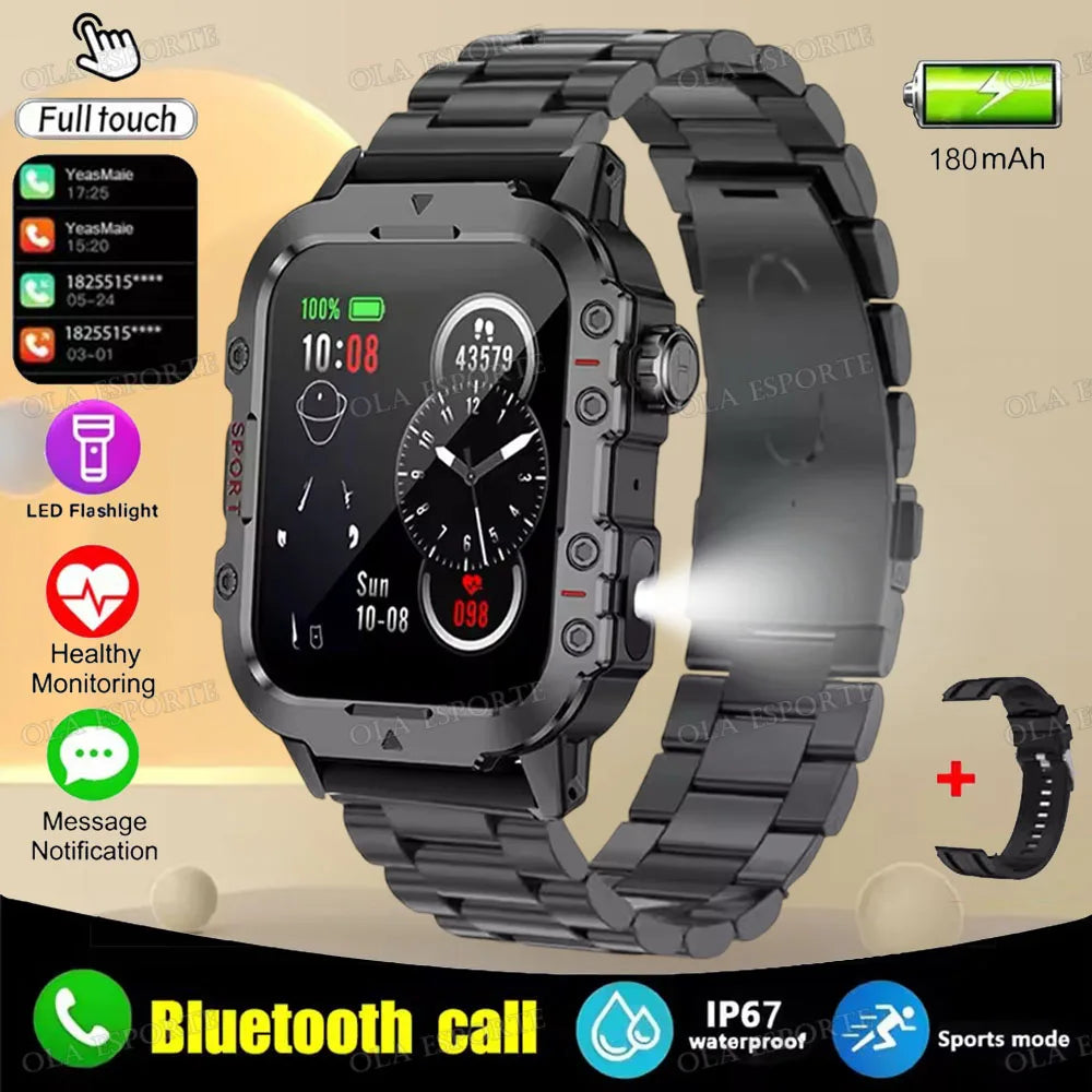 2025 New Flashlight Military Smart Watch Men IP68 5ATM Outdoor Sports Fitness Tracker Health Monitor 1.44Inch BT Call Smartwatch