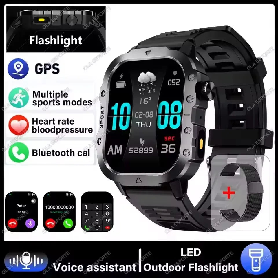 2026 New Military Smart Watch Men 3ATM Outdoor Sports Fitness Tracker Blood Pressure Health Monitoring BT Call GPS Smartwatch